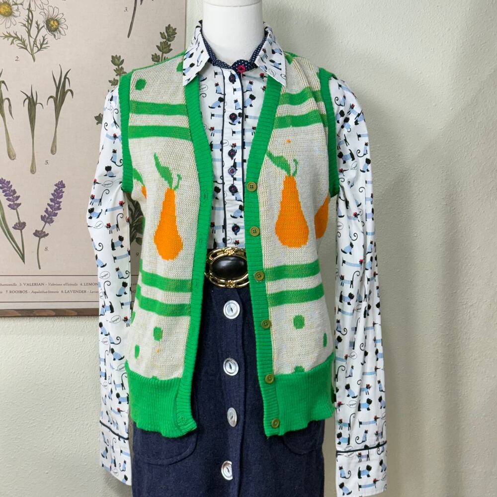 Vintage 70s Pear Button Up Knit Vest Mod Retro Whimsy Twee Cottage Whimsical S M